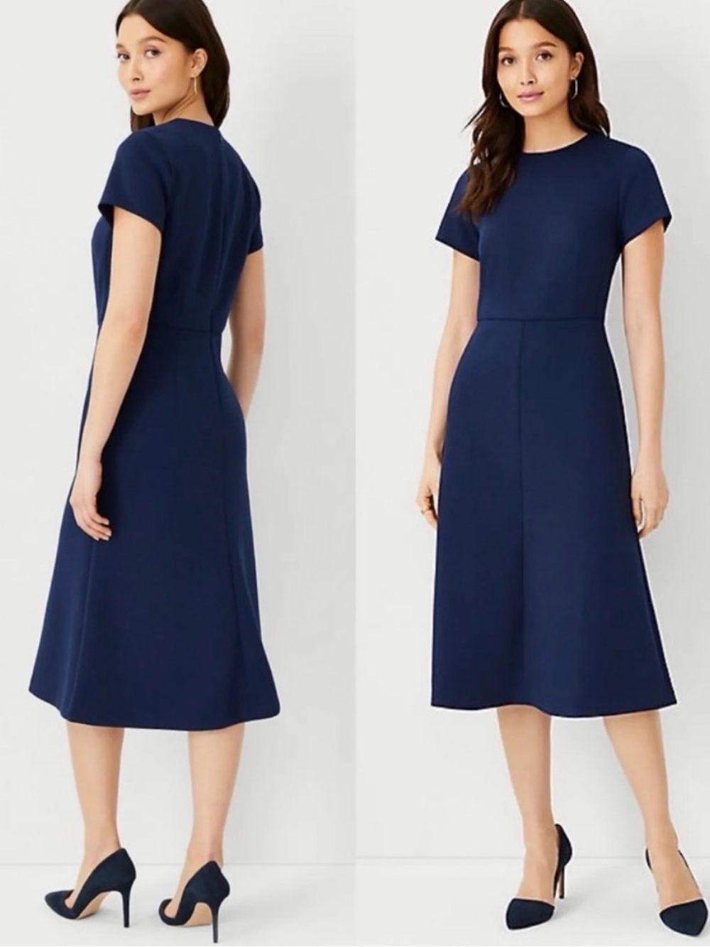 Ann Taylor Navy Short-Sleeve Midi Dress